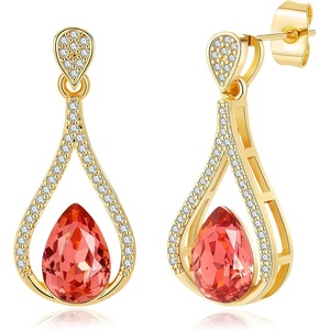 image:imageAustrian Crystal Halo Teardrop Hollow Drop Stud Earrings for Women 14K Rose Gold Plated Hypoallergenic JewelryPadparadscha
