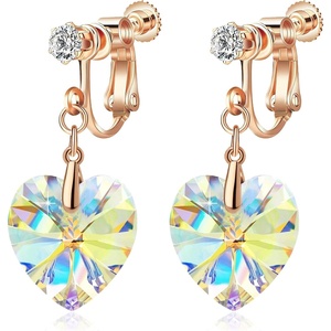 image:imageAustrian Crystal Heart Drop Clip On Dangle Earrings for Women Non Pierced 14K Rose Gold Plated Hypoallergenic JewelryAurora Borealis