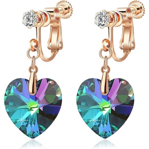 image:imageAustrian Crystal Heart Drop Clip On Dangle Earrings for Women Non Pierced 14K Rose Gold Plated Hypoallergenic JewelryRainbow