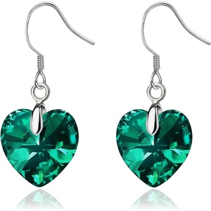 image:imageAustrian Crystal Heart Drop Dangle Earrings for Women 925 Sterling Silver Hook Hypoallergenic EarringEmerald