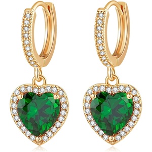 image:imageAustrian Crystal Heart Halo Drop Dangle Earrings for Women 14K Gold Plated Hypoallergenic Huggie Earring Jewelry GiftsGreen