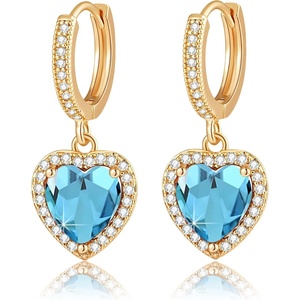 image:imageAustrian Crystal Heart Halo Drop Dangle Earrings for Women 14K Gold Plated Hypoallergenic Huggie Earring Jewelry GiftsLight Blue