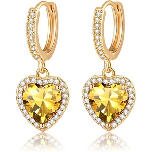 image:imageAustrian Crystal Heart Halo Drop Dangle Earrings for Women 14K Gold Plated Hypoallergenic Huggie Earring Jewelry GiftsYellow Topaz