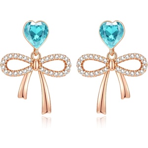 image:imageAustrian Crystal Heart Ribbon Bow Dangle Drop Earrings for Women 14K Gold Plated Hypoallergenic JewelryAquamarine