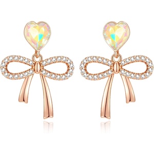 image:imageAustrian Crystal Heart Ribbon Bow Dangle Drop Earrings for Women 14K Gold Plated Hypoallergenic JewelryAurora Borealis