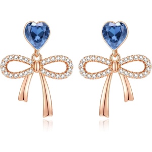 image:imageAustrian Crystal Heart Ribbon Bow Dangle Drop Earrings for Women 14K Gold Plated Hypoallergenic JewelryBermuda Blue