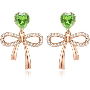 image:imageAustrian Crystal Heart Ribbon Bow Dangle Drop Earrings for Women 14K Gold Plated Hypoallergenic JewelryLime Green