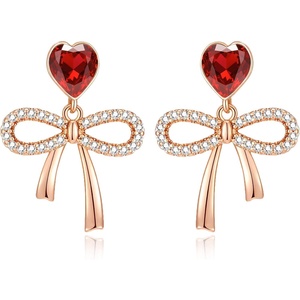 image:imageAustrian Crystal Heart Ribbon Bow Dangle Drop Earrings for Women 14K Gold Plated Hypoallergenic JewelryRed