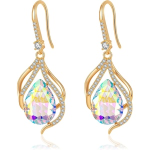 image:imageAustrian Crystal Hollow Teardrop Halo Drop Twisted Dangle Earrings for Women 14K Rose Gold Plated Hypoallergenic JewelryAurora Borealis