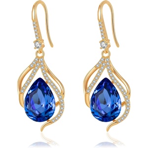 image:imageAustrian Crystal Hollow Teardrop Halo Drop Twisted Dangle Earrings for Women 14K Rose Gold Plated Hypoallergenic JewelryBermuda Blue