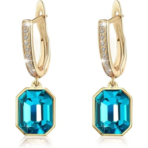 image:imageAustrian Crystal Octagon Leverback Drop Earrings for Women 14K Gold Plated Hypoallergenic JewelryBlue Zircon