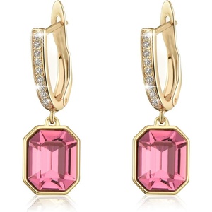 image:imageAustrian Crystal Octagon Leverback Drop Earrings for Women 14K Gold Plated Hypoallergenic JewelryPink Crystal Goldtone