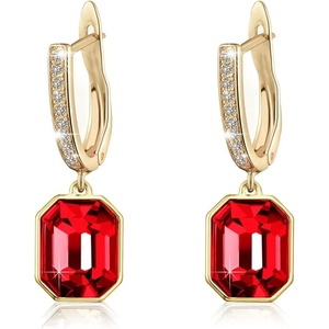 image:imageAustrian Crystal Octagon Leverback Drop Earrings for Women 14K Gold Plated Hypoallergenic JewelryRed