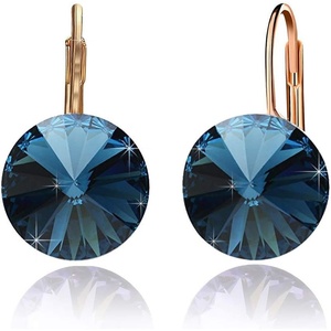 image:imageAustrian Crystal Round Drop Earrings for Women 14K Gold Plated Hypoallergenic Leverback Hoop EarringsDark Blue