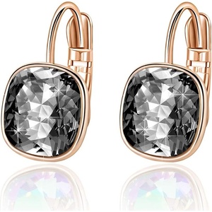 image:imageAustrian Crystal Square Cushion Drop Leverback Earrings for Women 14K Rose Gold Plated Hypoallergenic JewelryBlack