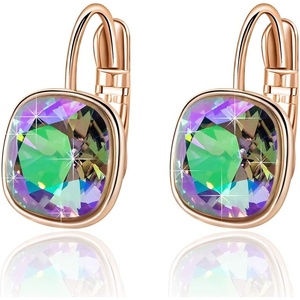 image:imageAustrian Crystal Square Cushion Drop Leverback Earrings for Women 14K Rose Gold Plated Hypoallergenic JewelryRainbow