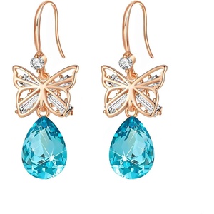 image:imageAustrian Crystal Teardrop Butterfly Drop Dangle Earrings for Women 14K Rose Gold Plated Hypoallergenic JewelryAquamarine