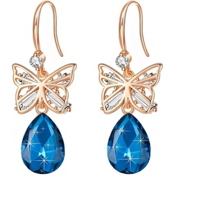 image:imageAustrian Crystal Teardrop Butterfly Drop Dangle Earrings for Women 14K Rose Gold Plated Hypoallergenic JewelryBermuda Blue
