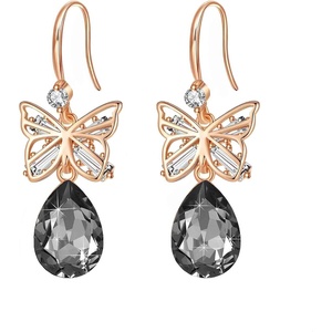 image:imageAustrian Crystal Teardrop Butterfly Drop Dangle Earrings for Women 14K Rose Gold Plated Hypoallergenic JewelryGreyBlack