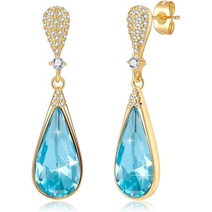 image:imageAustrian Crystal Teardrop Dangle Drop Earrings for Women 14K Gold Plated Hypoallergenic Jewelry GiftAquamarine