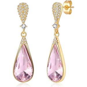 image:imageAustrian Crystal Teardrop Dangle Drop Earrings for Women 14K Gold Plated Hypoallergenic Jewelry GiftPink
