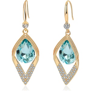 image:imageAustrian Crystal Teardrop Hollow Leaf Drop Dangle Earrings for Women 14K Rose Gold Plated Hypoallergenic JewelryAquamarine
