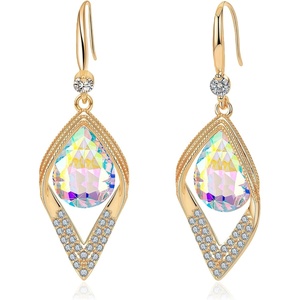 image:imageAustrian Crystal Teardrop Hollow Leaf Drop Dangle Earrings for Women 14K Rose Gold Plated Hypoallergenic JewelryAurora Borealis