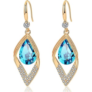 image:imageAustrian Crystal Teardrop Hollow Leaf Drop Dangle Earrings for Women 14K Rose Gold Plated Hypoallergenic JewelryBermuda Blue