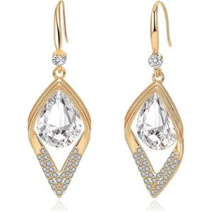 image:imageAustrian Crystal Teardrop Hollow Leaf Drop Dangle Earrings for Women 14K Rose Gold Plated Hypoallergenic JewelryClear White