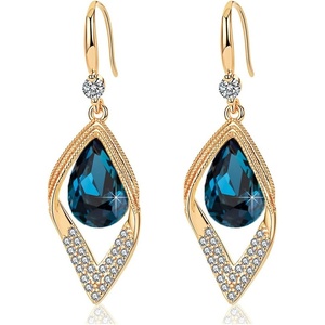 image:imageAustrian Crystal Teardrop Hollow Leaf Drop Dangle Earrings for Women 14K Rose Gold Plated Hypoallergenic JewelryDark Blue