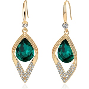 image:imageAustrian Crystal Teardrop Hollow Leaf Drop Dangle Earrings for Women 14K Rose Gold Plated Hypoallergenic JewelryEmerald