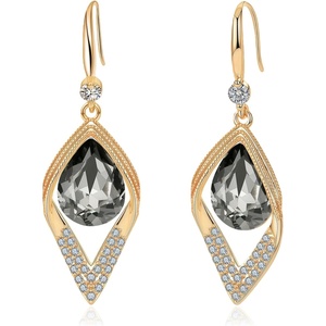 image:imageAustrian Crystal Teardrop Hollow Leaf Drop Dangle Earrings for Women 14K Rose Gold Plated Hypoallergenic JewelryGreyBlack