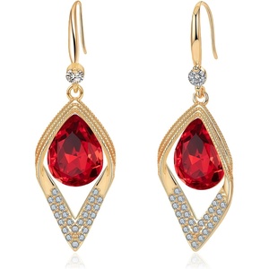 image:imageAustrian Crystal Teardrop Hollow Leaf Drop Dangle Earrings for Women 14K Rose Gold Plated Hypoallergenic JewelryRed