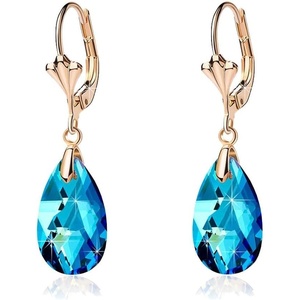 image:imageAustrian Crystal Teardrop Leverback Dangle Earrings for Women Fashion 14K Gold Plated Hypoallergenic JewelryBermuda Blue