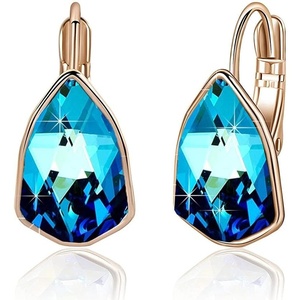 image:imageAustrian Crystal Triangle Leverback Drop Earrings for Women 14K Rose Gold Plated Hypoallergenic JewelryBermuda Blue