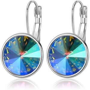 image:imageAustrian Crystals Round Drop Leverback Earrings for Women 14K Gold Plated Hypoallergenic Hoop EarringsAurora Green