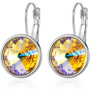 image:imageAustrian Crystals Round Drop Leverback Earrings for Women 14K Gold Plated Hypoallergenic Hoop EarringsDazzle Golden