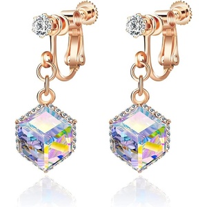 image:imageCube Austrian Crystal Drop Clip On Dangle Earrings for Women Non Pierced 14K Rose Gold Plated Hypoallergenic JewelryAurora Borealis