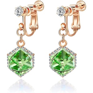 image:imageCube Austrian Crystal Drop Clip On Dangle Earrings for Women Non Pierced 14K Rose Gold Plated Hypoallergenic JewelryFern Green