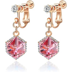 image:imageCube Austrian Crystal Drop Clip On Dangle Earrings for Women Non Pierced 14K Rose Gold Plated Hypoallergenic JewelryPink