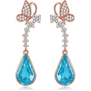 image:imageCute Butterfly Austrian Crystal Teardrop Dangle Earrings for Women Trendy Drop Earring 14K Gold Plated Hypoallergenic JewelryAquamarine