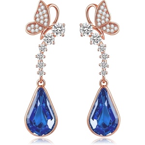 image:imageCute Butterfly Austrian Crystal Teardrop Dangle Earrings for Women Trendy Drop Earring 14K Gold Plated Hypoallergenic JewelryBermuda Blue