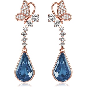 image:imageCute Butterfly Austrian Crystal Teardrop Dangle Earrings for Women Trendy Drop Earring 14K Gold Plated Hypoallergenic JewelryDark Blue