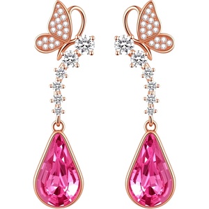 image:imageCute Butterfly Austrian Crystal Teardrop Dangle Earrings for Women Trendy Drop Earring 14K Gold Plated Hypoallergenic JewelryPink