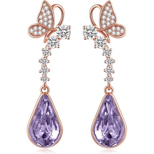 image:imageCute Butterfly Austrian Crystal Teardrop Dangle Earrings for Women Trendy Drop Earring 14K Gold Plated Hypoallergenic JewelryPurple