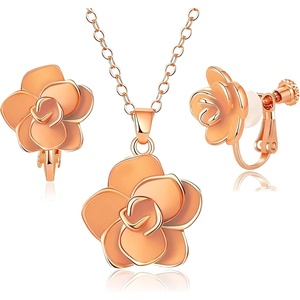 image:imageDainty Rose Flower Pendant Necklace Clip On Earrings Set for Women 14K Gold Plated Hypoallergenic Jewelry SetsOrange