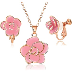 image:imageDainty Rose Flower Pendant Necklace Clip On Earrings Set for Women 14K Gold Plated Hypoallergenic Jewelry SetsPink