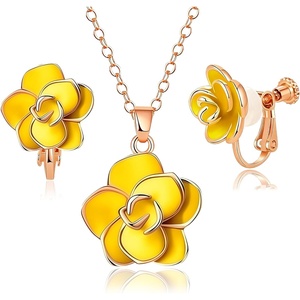 image:imageDainty Rose Flower Pendant Necklace Clip On Earrings Set for Women 14K Gold Plated Hypoallergenic Jewelry SetsYellow