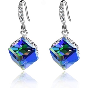 image:imageEVEVIC Austrian Crystal Cube Drop Earrings for Women14K Gold Plated  HypoallergenicGeometric Cube EarringsCrystal Dangle EarringsRhinestone FishhookEasy To WearGift for WomenBlue CrystalSilvertone