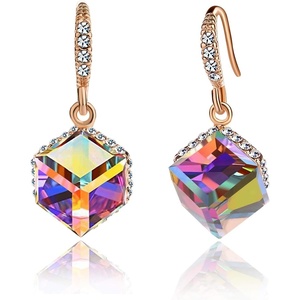 image:imageEVEVIC Austrian Crystal Cube Drop Earrings for Women14K Gold Plated  HypoallergenicGeometric Cube EarringsCrystal Dangle EarringsRhinestone FishhookEasy To WearGift for WomenRainbowRose Goldtone